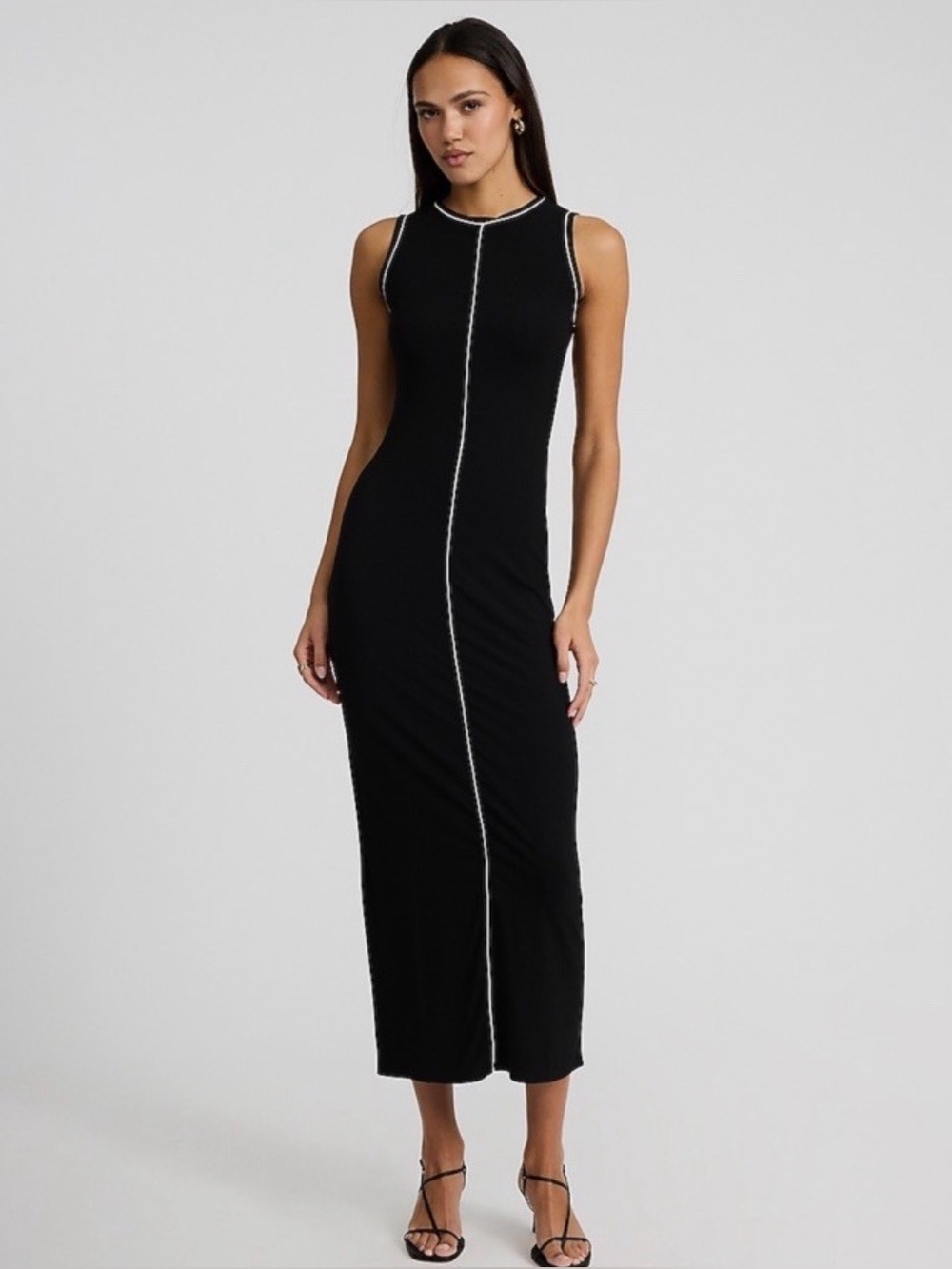 EXPRESS: Piped Ribbed Sleeveless Black Crew Neck Maxi Dress